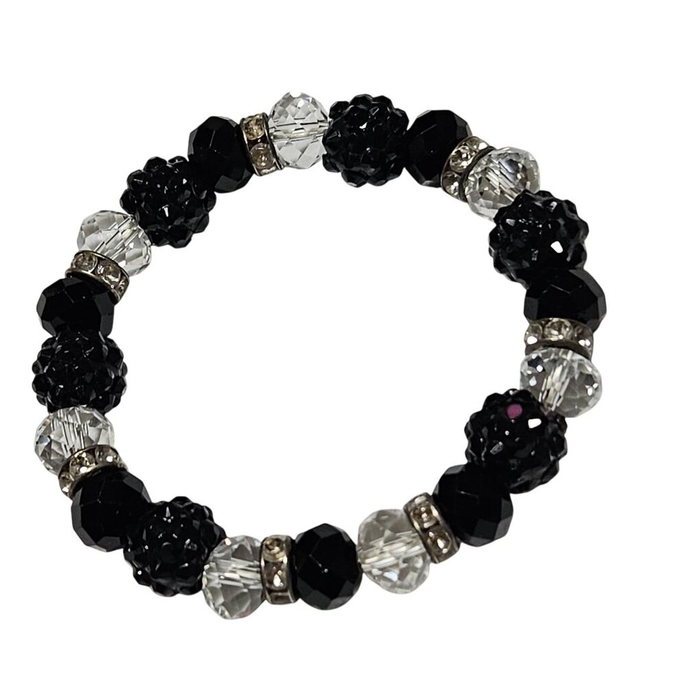 Elegant Beaded Stretch Bracelet Black Clear Beads Rhinestones Minimalist Jewelry